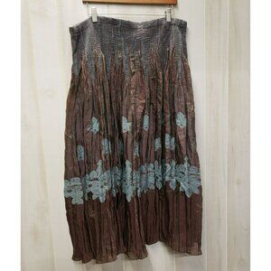 Coldwater Creek XL Crinkle Boho Maxi Skirt Brown w Blue Floral Design Stretch